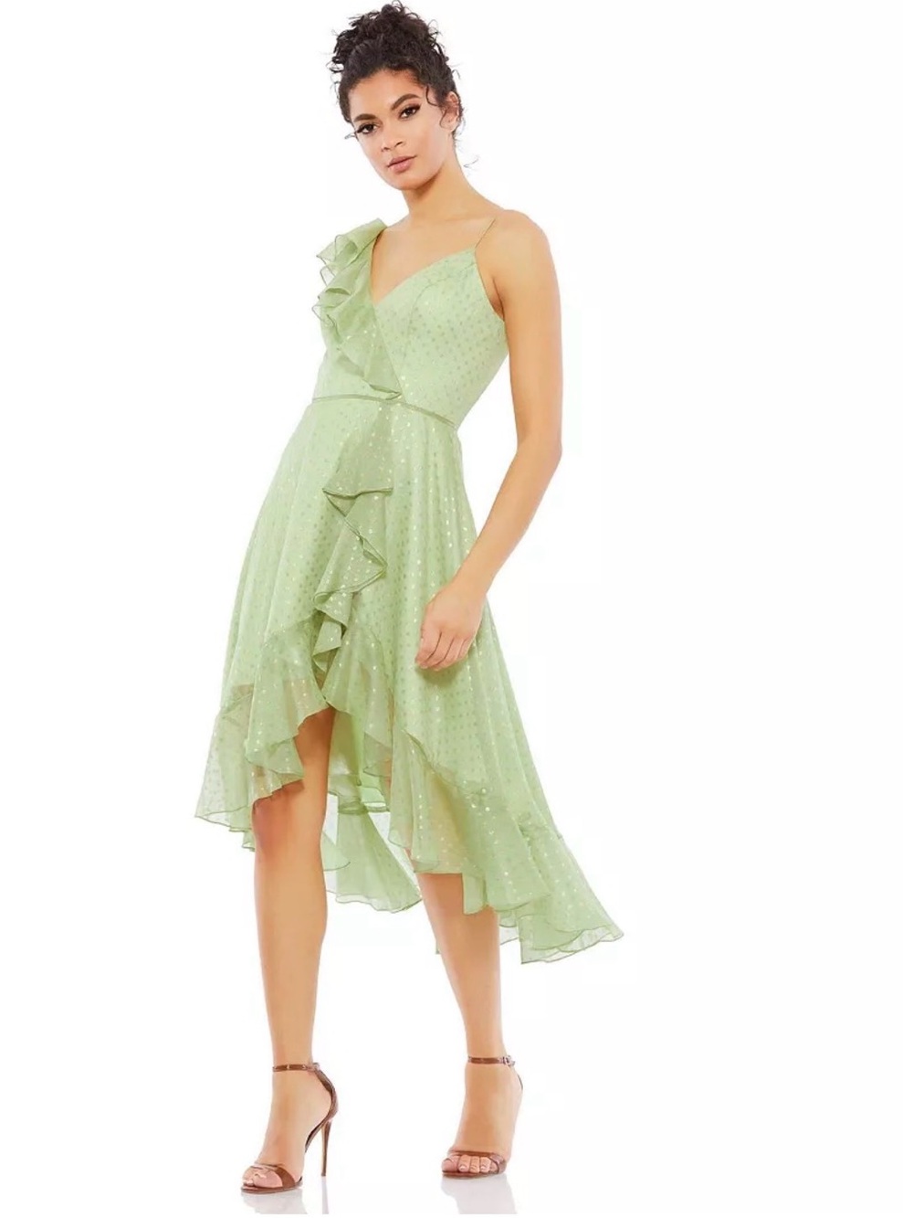 New Mac Duggal V-Neck Ruffled Faux Wrap High-Low Midi Dress Size 10 Retail $278
